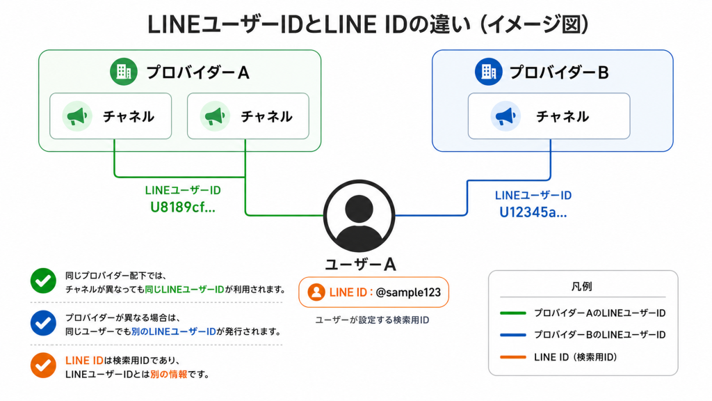 LINEユーザーIDとLINE IDの違いを示す図。プロバイダーごとに異なるLINEユーザーIDが発行され、LINE IDは検索用の別IDであることを説明